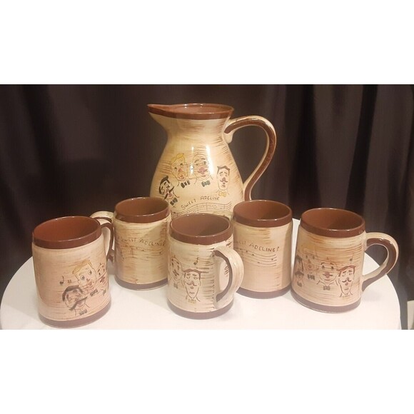 Nasco "Sweet Adeline" Handpainted 1950s Pottery Pitcher & Mugs (5) Barbershop - Picture 1 of 9